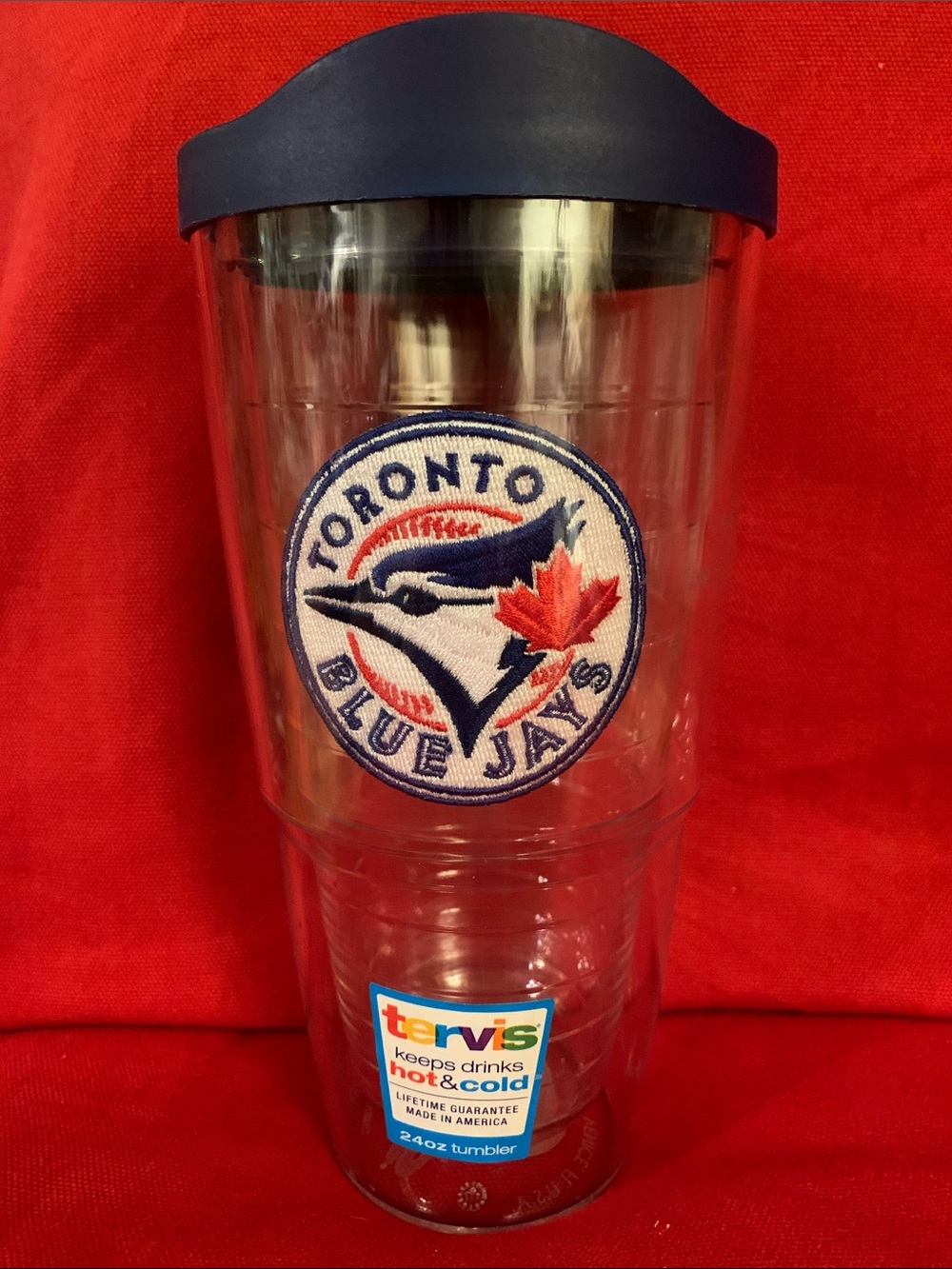 Toronto Blue Jays clear tervis plastic tumbler, 8 inches tall.